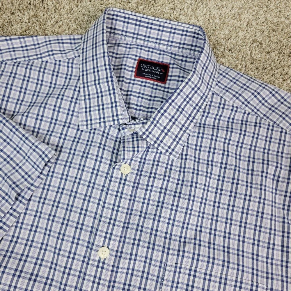 Untuckit Mens 3XL White Blue Plaid Performance Stretch Button Up Short Sleeve‎